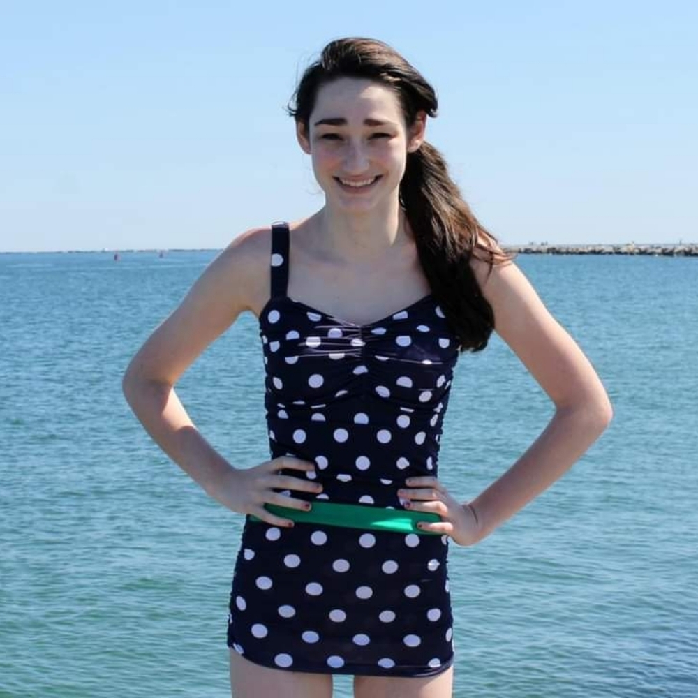 Ruche vintage styled White Polka-dot Swimsuit (Navy)